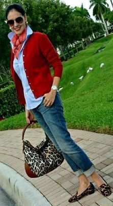 Casual Dress Attire, Fashion Work Outfit, Patterned Scarf, Leopard Bag, Red Denim, Checked Blouse, Cable Cardigan, Leopard Shoes, 50 Style