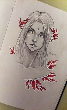 a drawing of a woman with red leaves around her neck