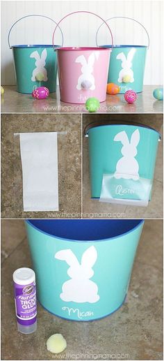 easter buckets with bunny silhouettes painted on them, and candy in the bottom