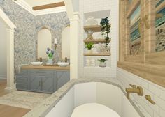 a bathroom with blue and white wallpaper, wood flooring and an oval shaped bathtub