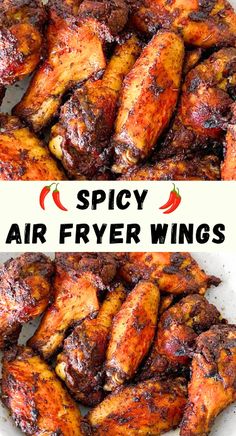 spicy air fryer wings with the words spicy air fryer wings on top and bottom