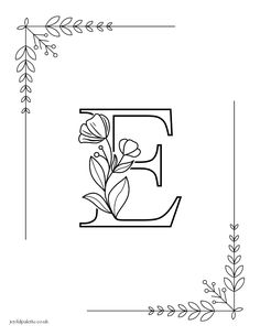 the letter e with flowers and leaves is outlined in black ink on a white background