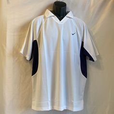 Nike Dri Fit White/Blue Polo Style Shirt Size Xxl Embroidered Nike Emblem On Left Side 100% Polyester New With Tag White Summer Sports Shirt, White Relaxed Fit Sports Shirt, Nike Cotton Short Sleeve Polo Shirt, Nike White Sports Shirt, Nike Cotton Collared Tops, Nike Sporty White Shirt, Nike Casual Collared Tops, Nike Casual Collared Shirt, White Sporty Short Sleeve Polo Shirt