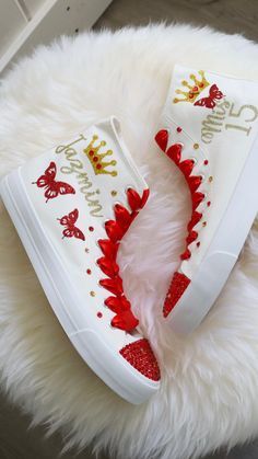 Pick your own colors and Personalized Dancers Sneakers for your Quinceañera. Remember to add your name and the date of the event on the Personalization tab. Perfect match for that dress, don’t forget to ask us for a matching Tiara - Crown. You can search in our Etsy store - GuiltychicPrint for more information about our reviews.🌟Includes🌟- Pick shoelace colors. - The toe top is covered with bright rhinestones.- On the sides of the shoe (right & left), the idea/name/date is printed in solid or glitter color.- Date of the event on the back🧡You will receive🧡- One pair of Personalized sneaker canvas off-brand- One special custom bag for the shoes🙏Working together🙏- You can pick a combination of the colors. See the letter color options below.- Please enter the date of the celebration and White High-top Sneakers For Birthday, Customizable White Sneakers For Party, Graduation Shoes, Birthday Shoes, Coachella 2024, Bridal Sneakers, Butterfly Style, Limited Edition Shoes, Couple Shoes