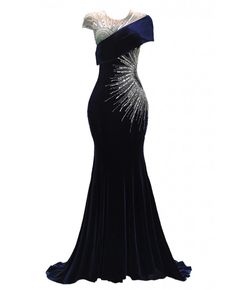 Get 10% off now! Buy navy blue bodycon velvet long formal dress with embroidered beadings at wholesale price online. Free shipping and pro custom service since 2009. Navy Blue Velvet Gown, Sequence Gowns, Blue Velvet Evening Dress, Anniversary Dresses, Blue Velvet Gown, Navy Blue Prom Dress, Delicate Gown, Fish Cut, Black Velvet Gown