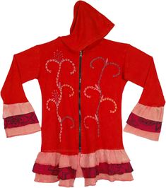 A bright and blunt red cotton hooded jacket with thick thread embroidery and flared bell sleeves and bottom.  The main and attractive feature of this hoodie is its flared sleeve and bottom ends that look adorable and feminine. #tlb #Embroidered #vacationclothing #Jacket #Fall #bohemianfashion #HippieJacket #FallJacket #Hoodie Red Cotton Outerwear With Drawstring Hood, Embroidered Red Hoodie For Fall, Red Embroidered Hoodie For Fall, Red Cotton Long Sleeve Hooded Jacket, Red Cotton Hooded Jacket For Spring, Red Embroidered Cotton Hoodie, Red Hooded Tops For Spring, Red Hooded Cotton Outerwear, Fitted Cotton Hooded Jacket For Spring