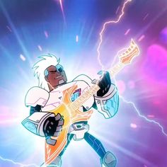 an animated character holding a guitar in front of a blue and purple background with lightning