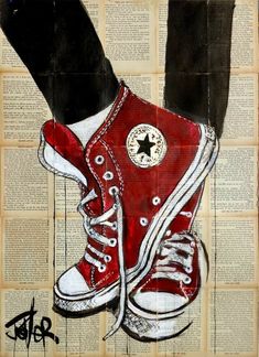 a painting of a red converse shoe on top of an old book page with black legs