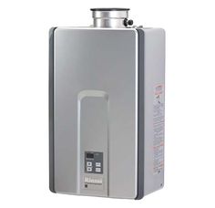 a stainless steel water heater on a white background