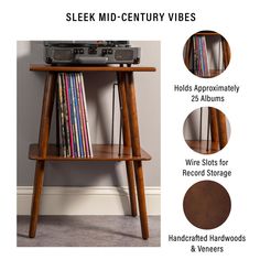 a wooden shelf with various records on it and the words sleek mid - century vibes