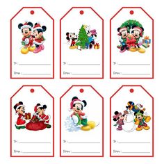 mickey and minnie mouse christmas gift tags with santa clause, snowman, reindeer, tree