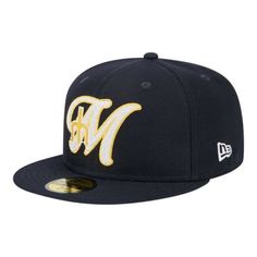 new era 59fifty fitted cap in navy with gold m on the side