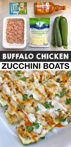 the ingredients to make buffalo chicken zucchini boats are shown in this collage