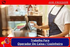 a woman in an apron is using a laptop on the desk with words above her