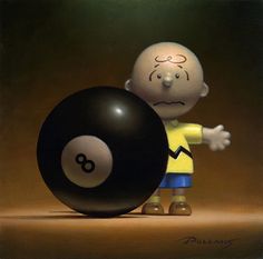 a painting of a man with a pool ball in his hand and the number eight on it