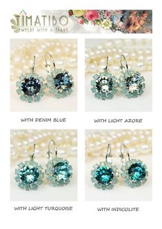 "Mint Aqua Crystal Earrings Blue Green Swarovski Crystal Drop Halo Earrings Mint Bridesmaid Gift Mint Wedding Silver,Light Turquoise,SE96 A sparkly pair of drop earrings made with genuine 8mm (39SS) SWAROVSKI CRYSTALIZED™ ELEMENTS Surrounded by small sparkling crystals. Will add just the right hint of color. Total diameter of the earring 7/16\" (11mm) Total Length: About 3/4\" inch (22mm) Check the additional photos to choose more colors. There are matching necklaces rings and bracelets to go wi Mint Crystal, Mint Bridesmaid, Navy Earrings, Navy Blue Earrings, Wedding Silver, Mint And Navy, Swarovski Crystal Jewelry, Wedding Gold, Mint Wedding