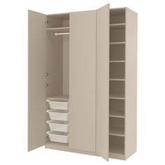 an open cabinet with three bins in it