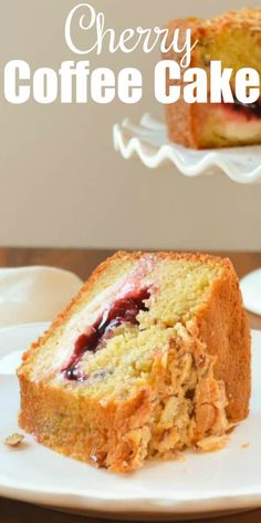 a piece of cake on a white plate with the words cherry coffee cake above it