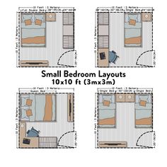 three small bedroom layouts with measurements for each room