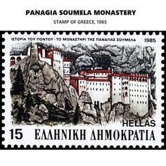 a stamp with an image of a castle on top of a hill and mountains in the background