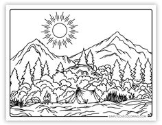 a coloring page with mountains and trees in the background