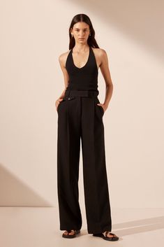 High waisted tailored pant with coin pocket detail. Sleek Wide Leg Pants For Evening With Belt Loops, Sleek Wide Leg Pants With Belt Loops For Evening, Sleek Evening Bottoms With Belt Loops, Chic Tapered Leg Pants For Date Night, Chic Formal Straight Leg Pantsuit, Sleek Tailored Wide Leg Pants For Night Out, Chic Leather Pants For Business Casual, Evening High-waisted Dress Pants With Belt Loops, Timeless High-waisted Wide Leg Work Pants