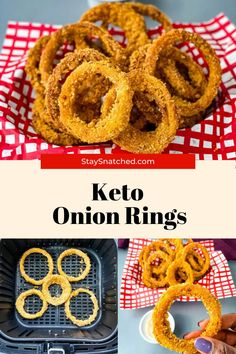 the keto onion rings are being cooked in an air fryer and then fried