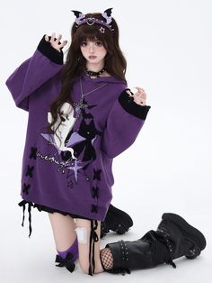 Embrace the Halloween spirit with our uniquely designed Colorblock Hooded Sweater. Featuring an adorable Little Ghost on the front, this sweater combines spooky fun with stylish flair. The colorblock design adds a contemporary touch, while the lace-up detail on the sides brings an additional layer of visual interest. For a playful twist, the cuffs are adorned with distressed holes, giving the sweater a trendy, worn-in look. Perfect for Halloween festivities.  Garment Size   	 		 			Size 			S Purple Contrast Color, Purple Contrast, Dark Girl, Knitted Leg Warmers, Steampunk Fashion Male, Gothic Skirts, Halloween Festivities, Little Ghost, Laced Up Shirt