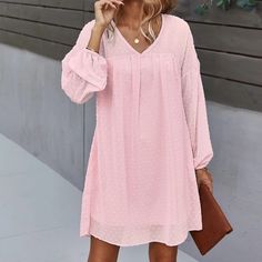 Pink Silky Tunic Dress Casual Chiffon A-line Mini Dress, Chiffon Long Sleeve Day Dresses, Chiffon Long Sleeve Daywear Dress, Knee-length Chiffon Mini Dress For Brunch, Spring Sundress V-neck For Daywear, Spring Daywear Shift Mini Dress, Chiffon V-neck Day Dress, Spring Flowy V-neck Dress For Brunch, Flowy Spring V-neck Dress For Brunch