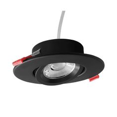 a black ceiling light with red trims and a white cord hanging from the ceiling