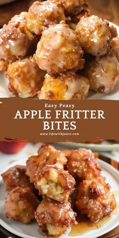 apple fritter bites on a plate with apples in the background