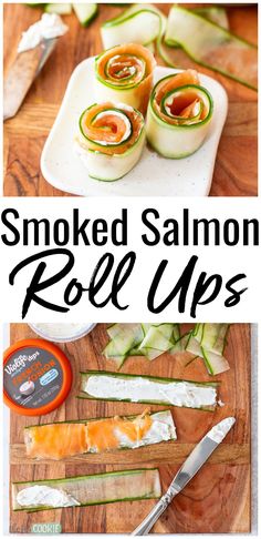 smoked salmon roll ups on a cutting board