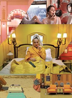 a woman sitting on top of a bed under a yellow blanket