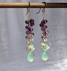 Handmade Purple Jewelry In 14k Gold Filled, Long Drop Crystal Earrings With Gemstones As Gift, Crystal Gemstone Long Drop Earrings For Gifts, Long Drop Crystal Gemstone Earrings For Gifts, Gift Crystal Long Drop Earrings With Gemstone, Gift Crystal Gemstone Long Drop Earrings, Lavender Dangle Crystal Earrings, Handmade Dangle Jewelry For Birthday, Dangle Jewelry With Gemstone Accents