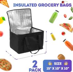 an insulated grocery bag is shown with pizza, fruit and drinks around it for measurements