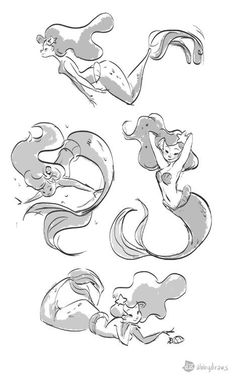 some drawings of mermaids swimming in the water