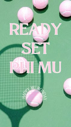 there are many pink tennis balls on the green court with words ready set, phil mau