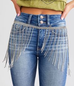 BKE Glitz Fringe Belt - Silver L/XL, Women's Silver Rhinestone adjustable chain belt. WOMEN'S BELT SIZE CONVERSION CHART Jean Size 23-24 25-26 27-28 29-30 31-32 Belt Size XS S M L XL Belt Length** 34 37 40 43 46 *Conversion sizes may vary. **Measures from end to end excluding the buckle. These are general guidelines and sizing is dependent on belt being worn at natural waistline or the hip. Apparel & Accessories Crystal Fringe Belt, Chain Belts For Women, Rihnestone Belt, Rhinestone Fringe Belt, Embellished Belts, Fringe Leather Belt, Bach Themes, Fringe Tshirt, Fringe Belt