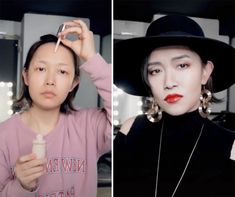 two pictures of a woman with red lipstick, one wearing a black hat and the other holding an ice cream cone