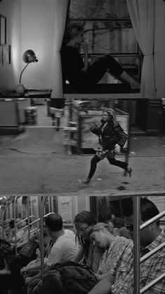 black and white images of people riding on subways, one with a woman running