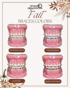 Get fall colored braces! Braces Fall Colors, Clear Brackets With Colored Bands, Thanksgiving Braces Colors, October Braces Colors, Fall Braces Colors Ideas, Winter Braces Colors, Halloween Braces Colors, Fall Braces Colors, Braces Colors Ideas Power Chains