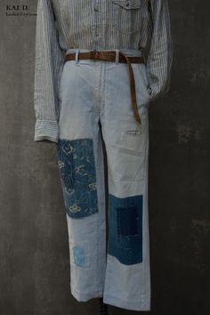 Kai D Utility — Boro Light Cotton Pants - Davis - 31/32 Indigo Jeans With Patch Pockets, Faded Cotton Jeans With Patch Pockets, Light Wash Cotton Pants With Patch Pockets, Indigo Patchwork Cotton Jeans, Light Wash Patchwork Cotton Jeans, Light Wash Patchwork Cotton Bottoms, Patchwork Light Wash Cotton Bottoms, Vintage Cotton Patchwork Pants, Vintage Patchwork Cotton Pants