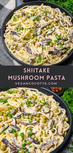 two pans filled with mushroom pasta on top of a table