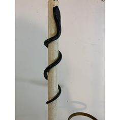 a black snake is on top of a white pole