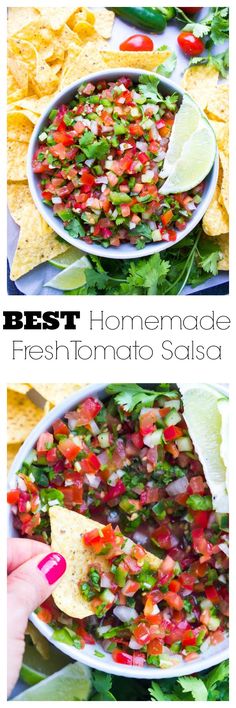 the best homemade fresh tomato salsa recipe with tortilla chips and guacamole