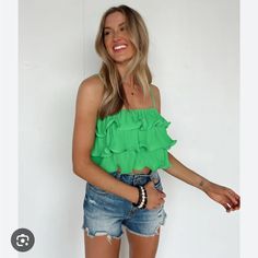 Vestique - Iconic Ruffle Green Tank - M Gorgeous Green Color! Never Worn! Chic Green Tops With Ruffles, Chic Green Ruffled Tops, Trendy Ruffled Tops For Summer, Green Ruffled Tops For Summer, Green Ruffled Tops For Day Out, Blue Halter Top, Lace Up Tank Top, Gauze Top, Tie Dye Crop Top