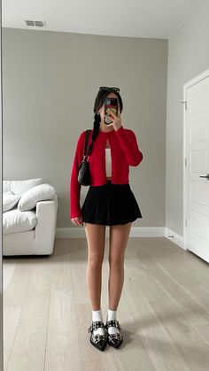 outfit details on LTK  red cardigan mini skirt flats outfit Cute Dresses With Cardigans, Mini Outfits Skirt, Red Cardigan Skirt Outfit, Red And White Outfit Christmas, Red Outfit With Skirt, Red Crop Cardigan, Skirt Flats Outfit, Outfit Ideas Skirt Casual, Cute Fall Cardigan Outfits