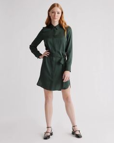 Washable Stretch Silk Shirt Dress | Quince Forest Green Outfit, Clothes For Italy, Elegant Edgy, Portugal Style, Silk Tee, Silk Fiber, Silk Shirt Dress, Silk Wrap Dresses, Silk Dresses