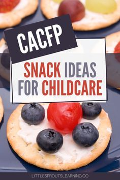 small pizzas with blueberries, cherries and cheese on them that are labeled snack ideas for children