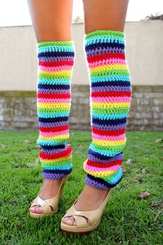 My original handmade Rainbow Leg Warmers are an over-the-knee...and over-the-top bit of Kawaii fashion!! Add a serious dose of FUN to any ensemble with a full spectrum of bright, neon stripes!! These sensational leg warmers feature a super-soft crochet in a rainbow pattern and are handmade-to-order, just for you. ...Perfectly playful for picnics, music festivals, and hunting four-leaf clovers=) ♥An elastic band keeps them comfortably in place!! ♥Sizes XXS-XL. ♥100% acrylic yarn. ♥Hand wash cold; Crochet Leg Warmers Free Pattern, Crochet 80s, Crochet Leggings, Diy Leg Warmers, Crocheted Socks, Leg Warmers Crochet Pattern, Thigh High Leg Warmers, Leg Warmers Pattern, Crochet Boot Cuffs